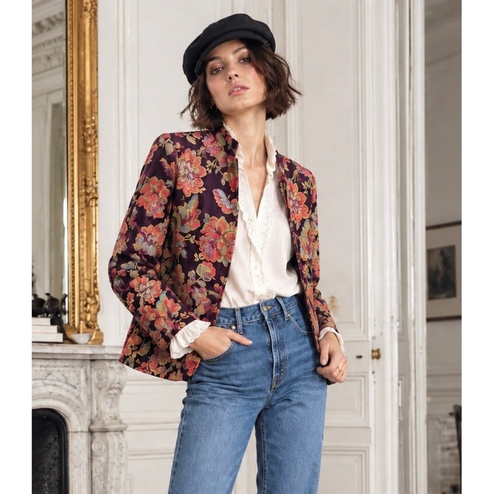Coldwater Creek Aubergine Eggplant Brocade Jacket M Rich Tapeststry Zip Up Stand